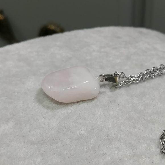 Rose Quartz Necklace Natural Gemstone Pink Crystal Pendant Stainless-Steel Chain - Picture 13 of 17